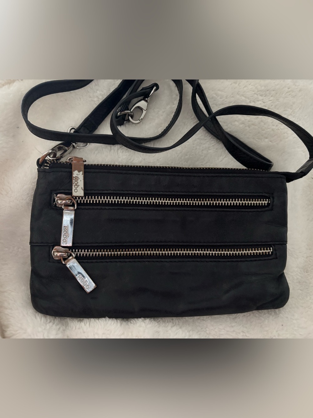 HOBO Mara Black Leather 3-Zipper Crossbody Bag Small